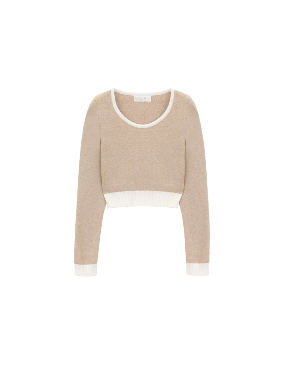 Contrast Trim Crewneck Cropped Fitted Knit Top