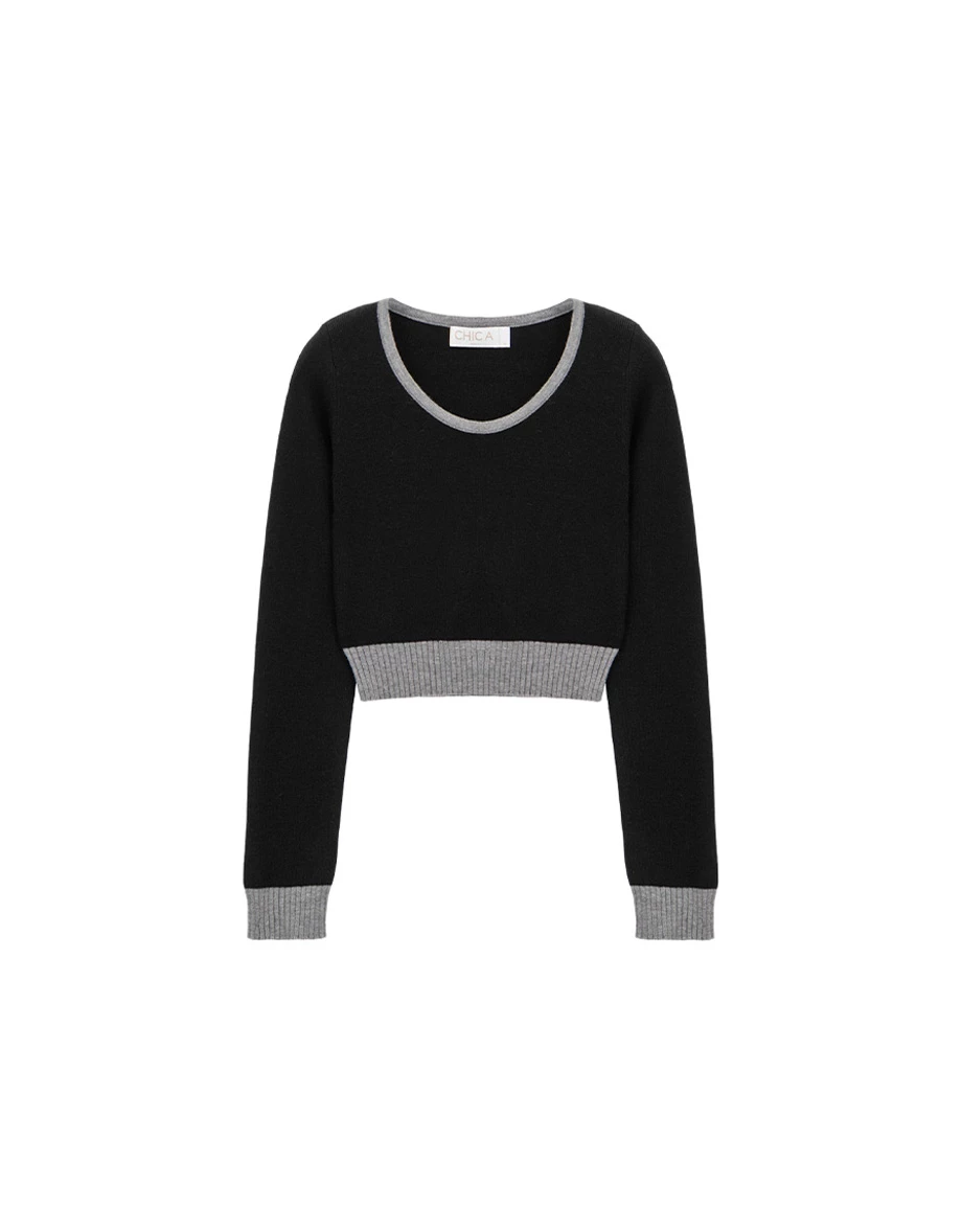 Contrast Trim Crewneck Cropped Fitted Knit Top