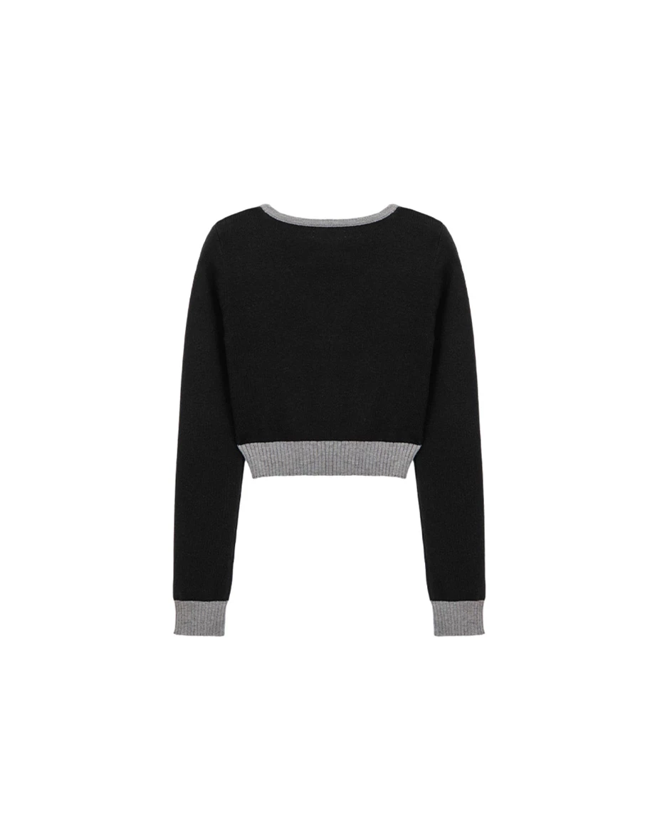 Contrast Trim Crewneck Cropped Fitted Knit Top
