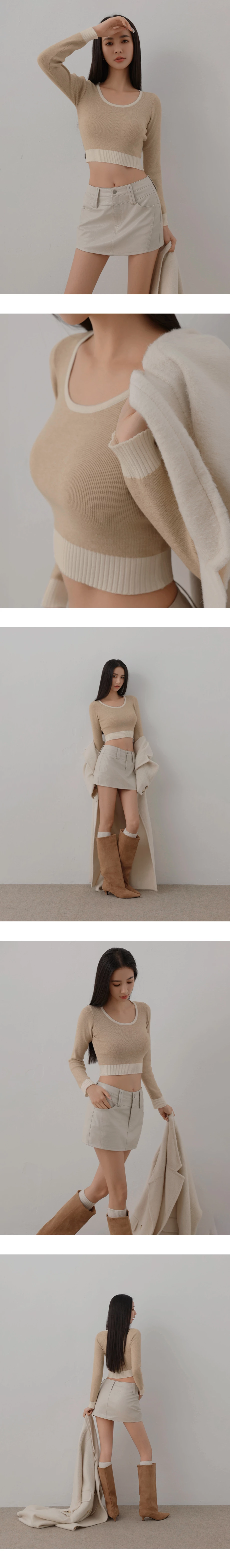 Contrast Trim Crewneck Cropped Fitted Knit Top