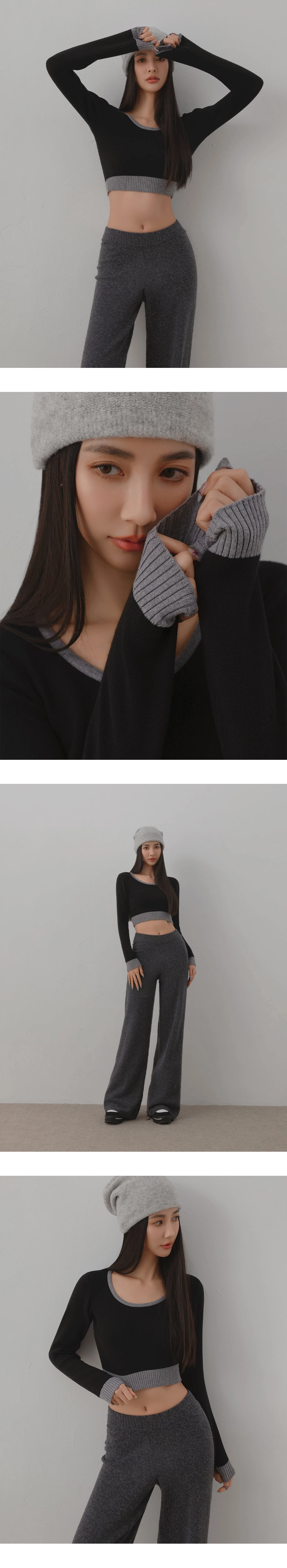 Contrast Trim Crewneck Cropped Fitted Knit Top