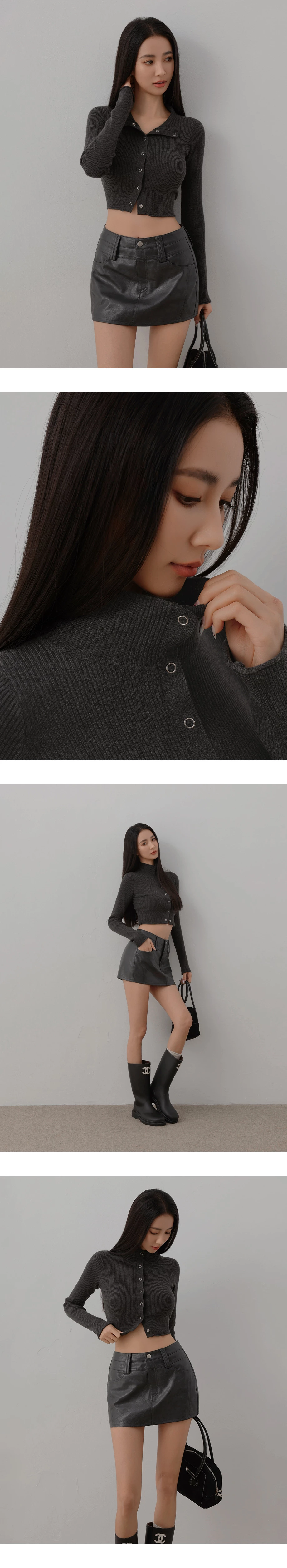 Turtleneck Snap Button Ribbed Knit Cropped Cardigan Top