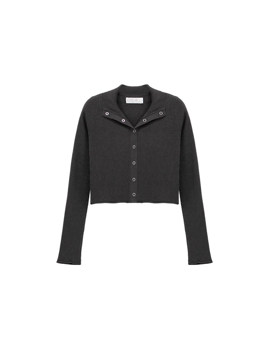 Turtleneck Snap Button Ribbed Knit Cropped Cardigan Top