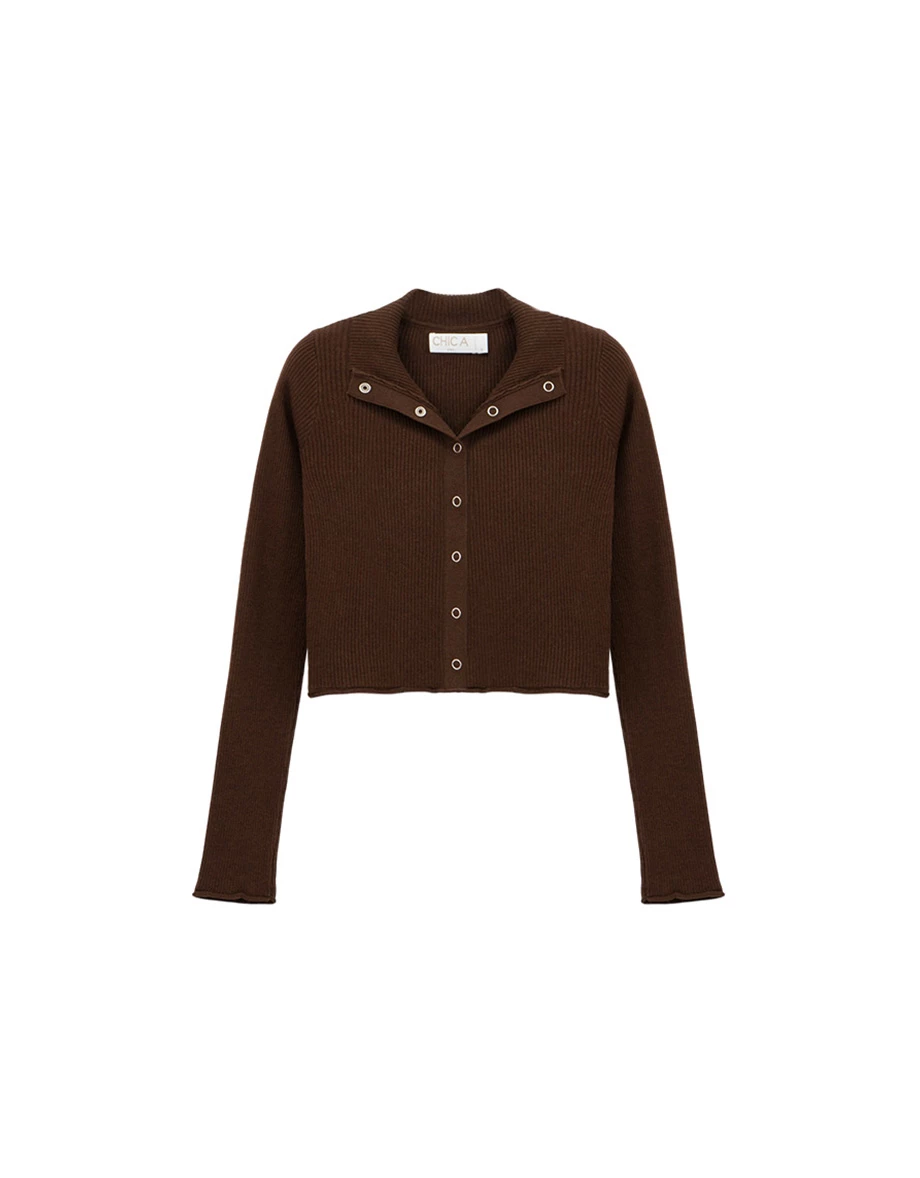 Turtleneck Snap Button Ribbed Knit Cropped Cardigan Top