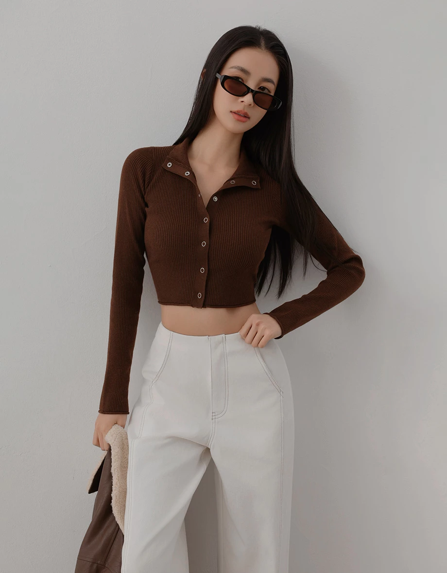 Turtleneck Snap Button Ribbed Knit Cropped Cardigan Top