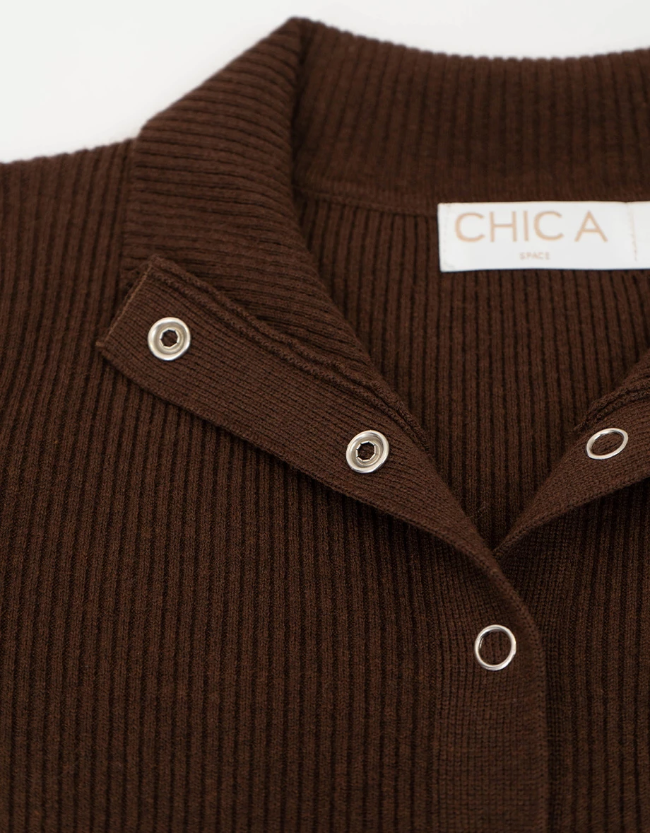 Turtleneck Snap Button Ribbed Knit Cropped Cardigan Top