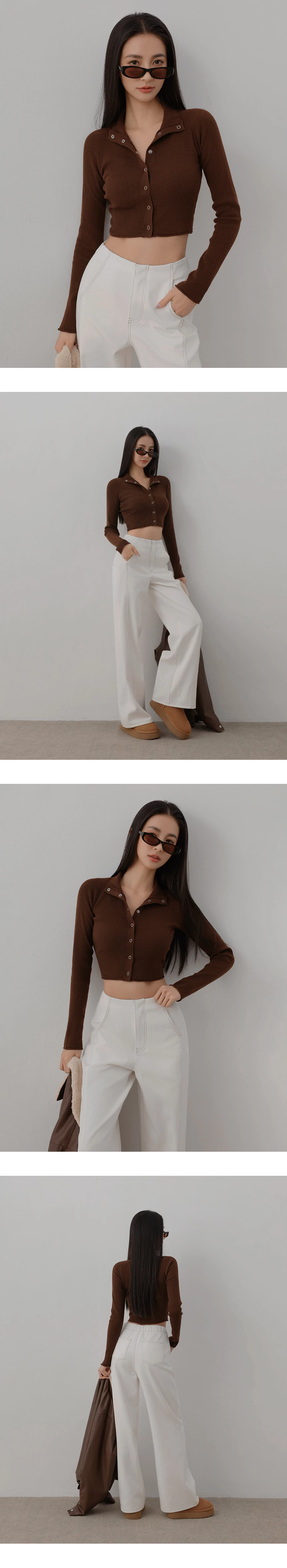 Turtleneck Snap Button Ribbed Knit Cropped Cardigan Top