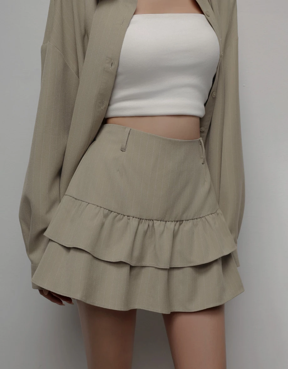 High Waist Pinstripe Layered Ruffle Mini Skirt