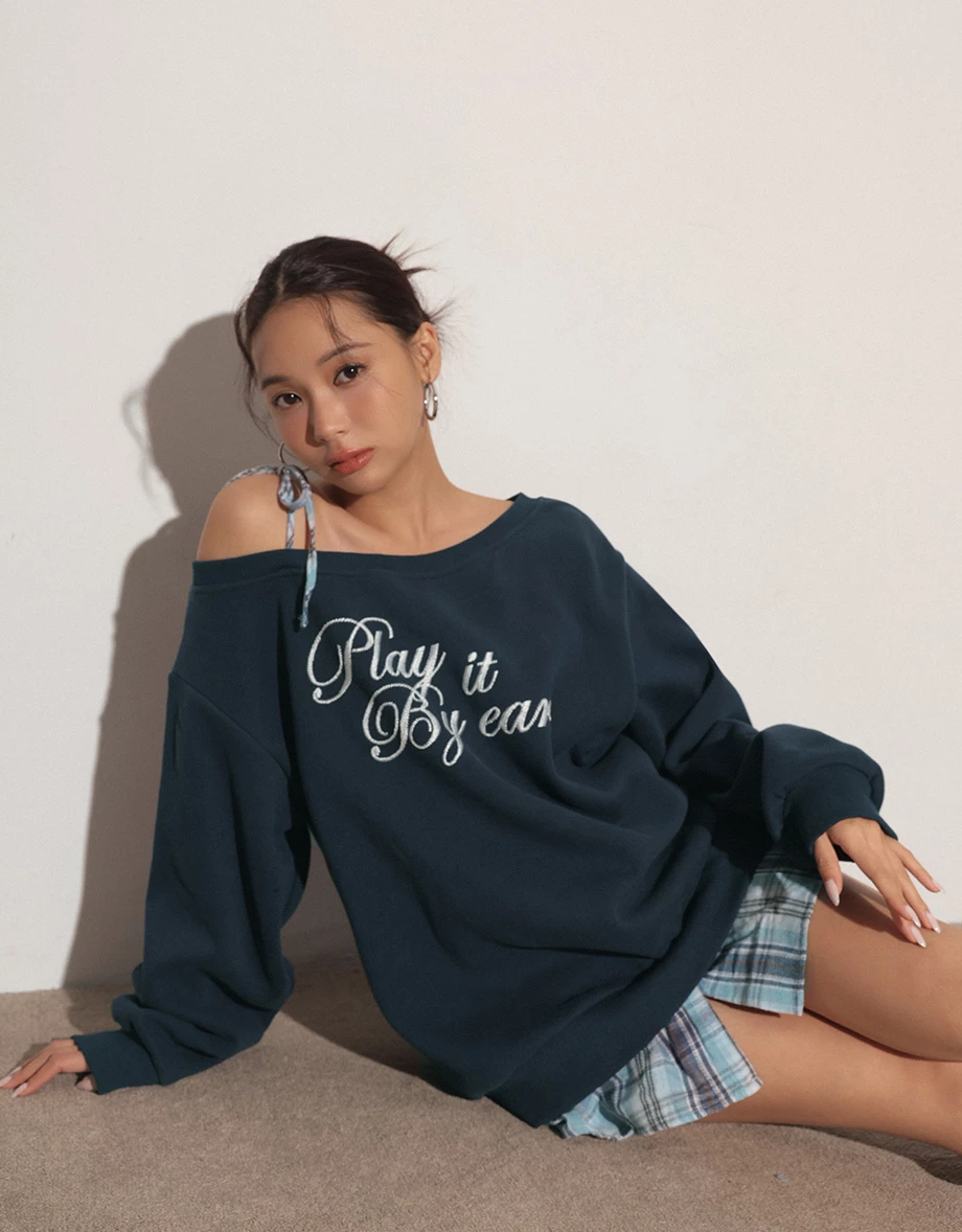 One Shoulder Letter Print Oversized Sweatshirt with Plaid Hem Detail