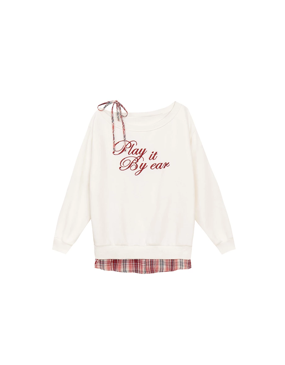 One Shoulder Letter Print Oversized Sweatshirt with Plaid Hem Detail
