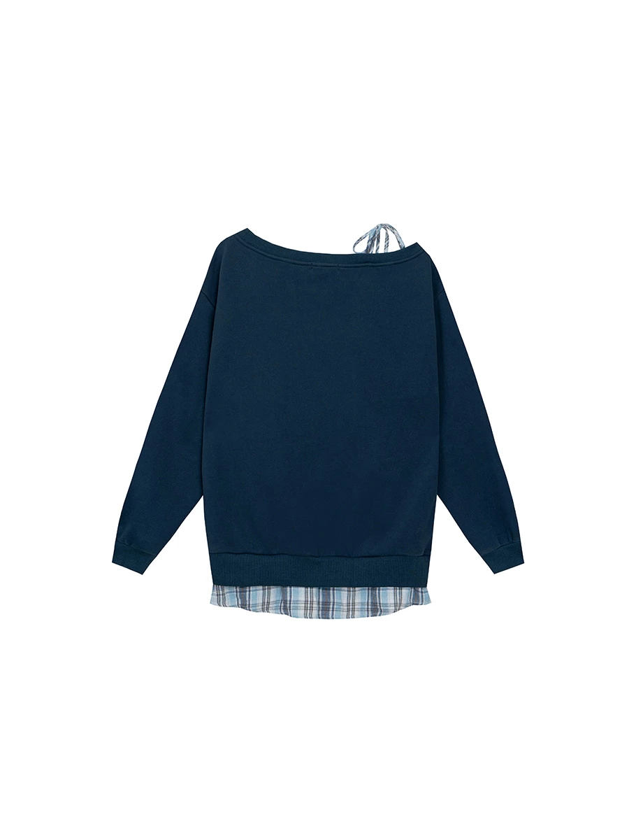 One Shoulder Letter Print Oversized Sweatshirt with Plaid Hem Detail