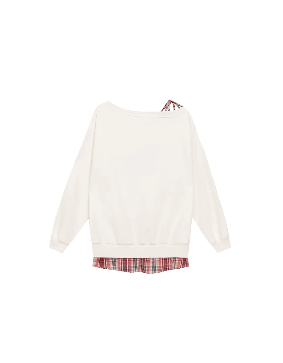 One Shoulder Letter Print Oversized Sweatshirt with Plaid Hem Detail