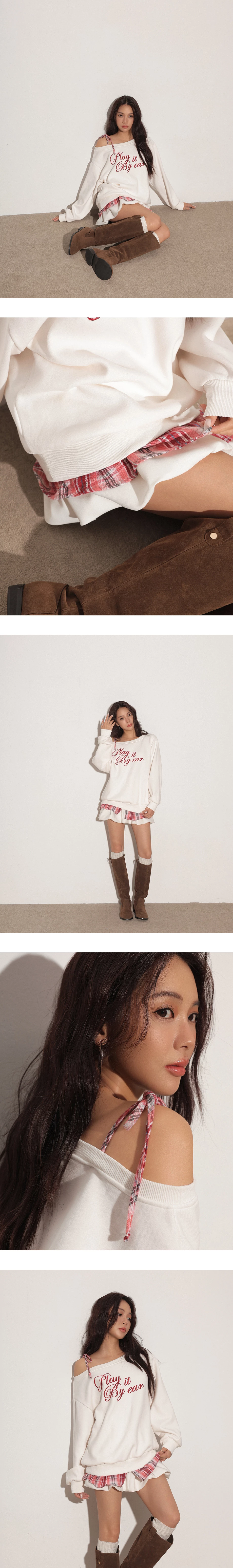 One Shoulder Letter Print Oversized Sweatshirt with Plaid Hem Detail One Shoulder Letter Print Oversized Sweatshirt with Plaid Hem Detail