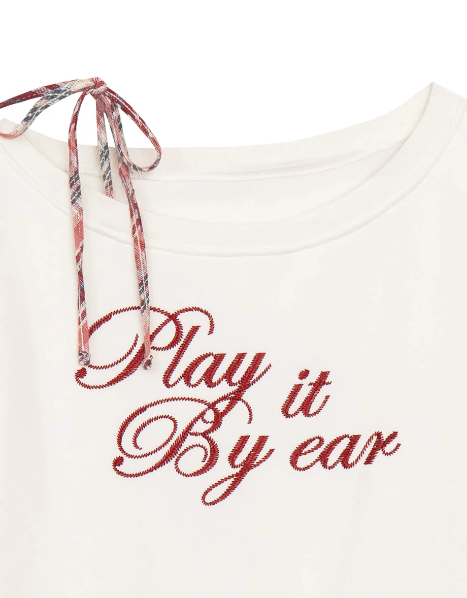 One Shoulder Letter Print Oversized Sweatshirt with Plaid Hem Detail