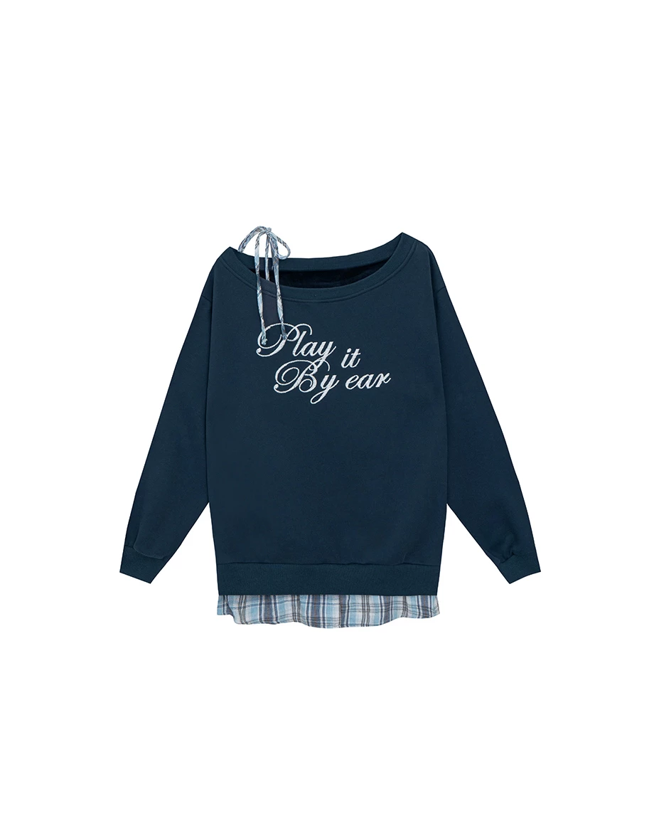 One Shoulder Letter Print Oversized Sweatshirt with Plaid Hem Detail