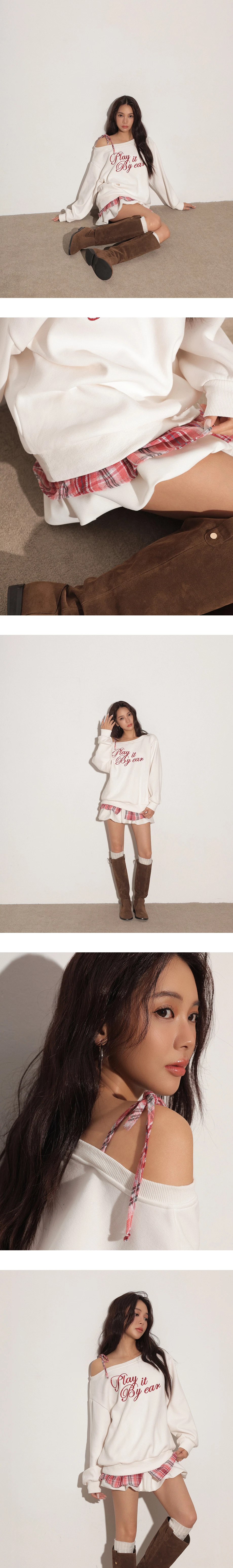 One Shoulder Letter Print Oversized Sweatshirt with Plaid Hem Detail