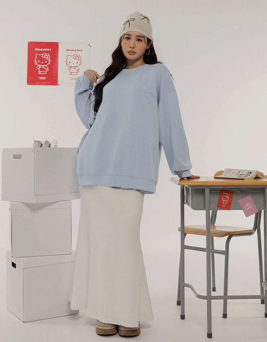 【SANRIO Collab】Oversized Cotton Sweatshirt with Hello Kitty Stitch Embroidery