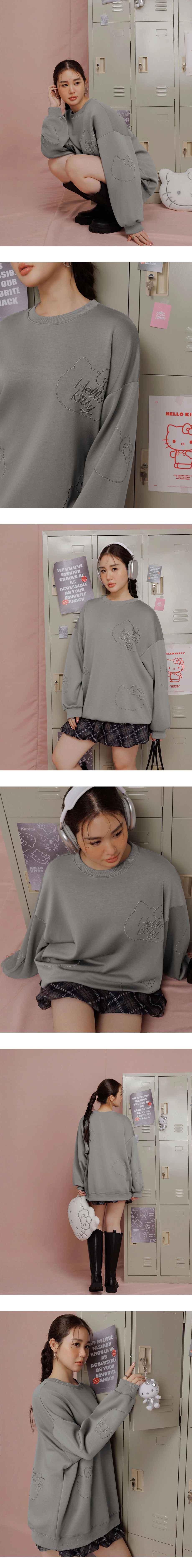 【SANRIO Collab】Oversized Cotton Sweatshirt with Hello Kitty Stitch Embroidery