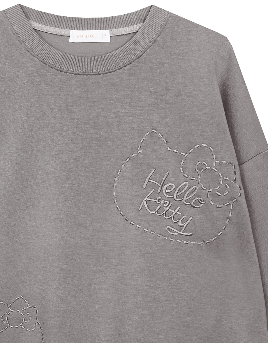 【SANRIO Collab】Oversized Cotton Sweatshirt with Hello Kitty Stitch Embroidery