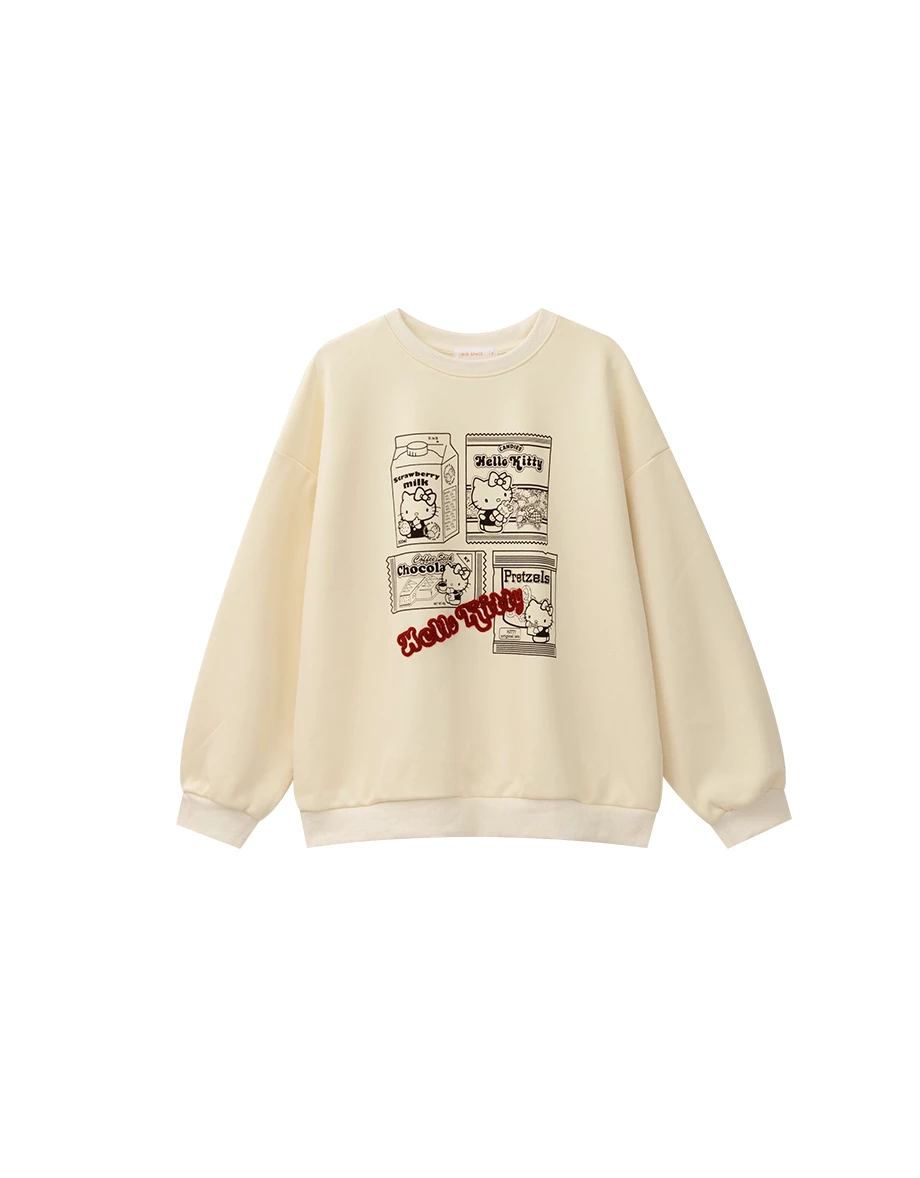 【Hello Kitty Collaboration】Soft Cotton Pullover Sweatshirt with Kitty Snack Graphic