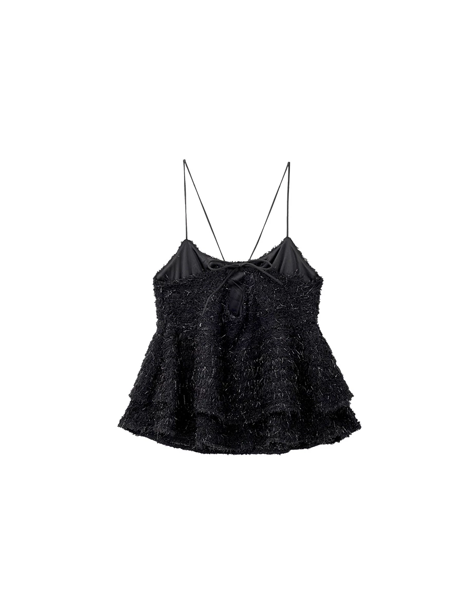 Tweed Texture Fluffy Spaghetti Strap Camisole Top with Tiered Hem