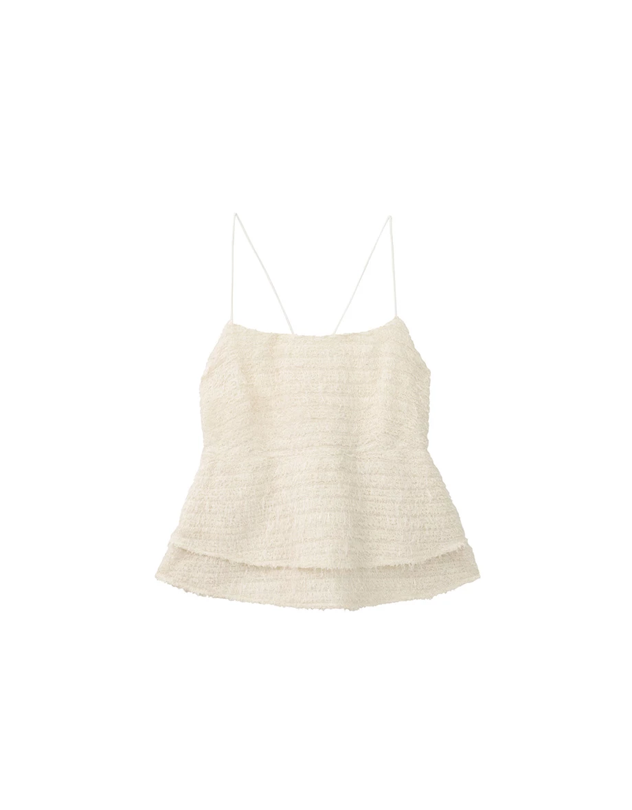 Tweed Texture Fluffy Spaghetti Strap Camisole Top with Tiered Hem