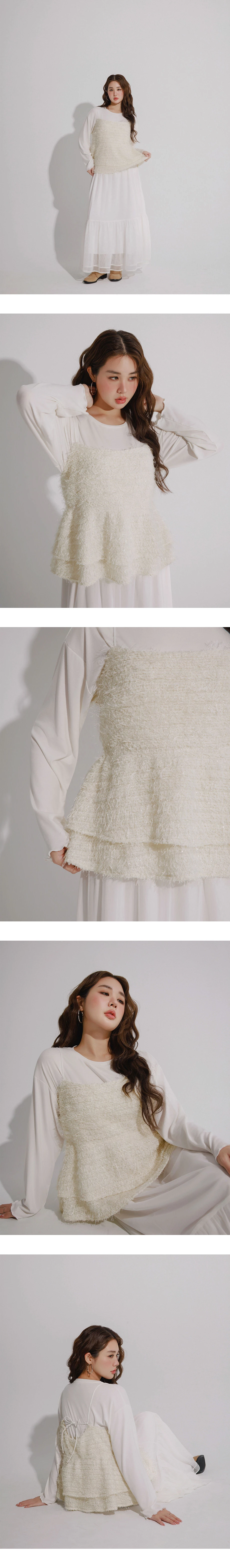 Tweed Texture Fluffy Spaghetti Strap Camisole Top with Tiered Hem