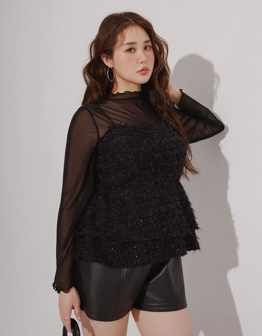 Tweed Texture Fluffy Spaghetti Strap Camisole Top with Tiered Hem