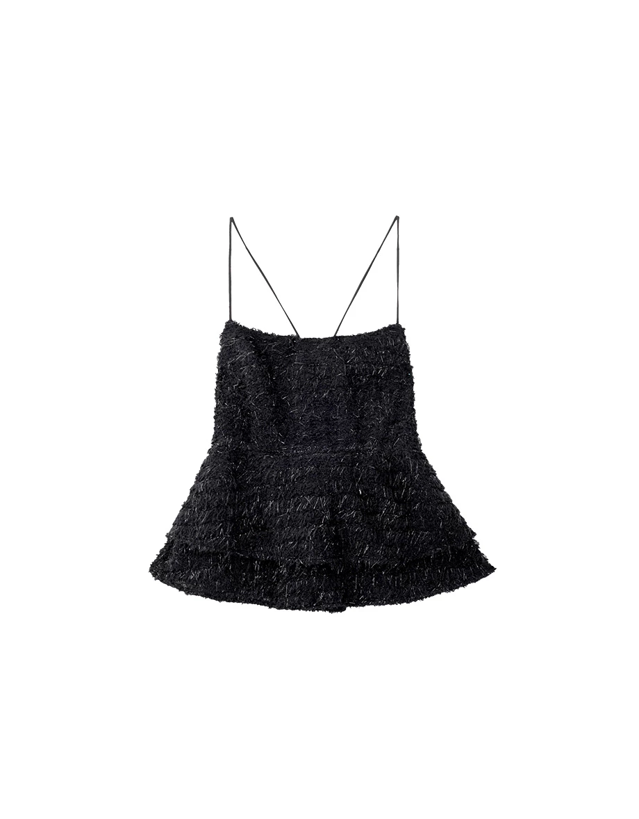 Tweed Texture Fluffy Spaghetti Strap Camisole Top with Tiered Hem