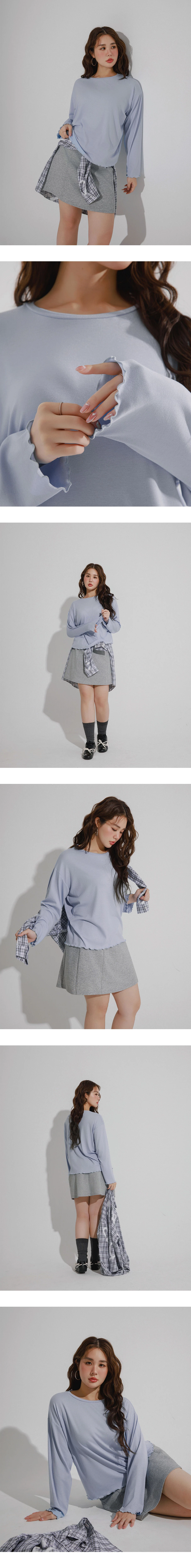 Crew Neck Lettuce Hem Soft Knit Long Sleeve Top