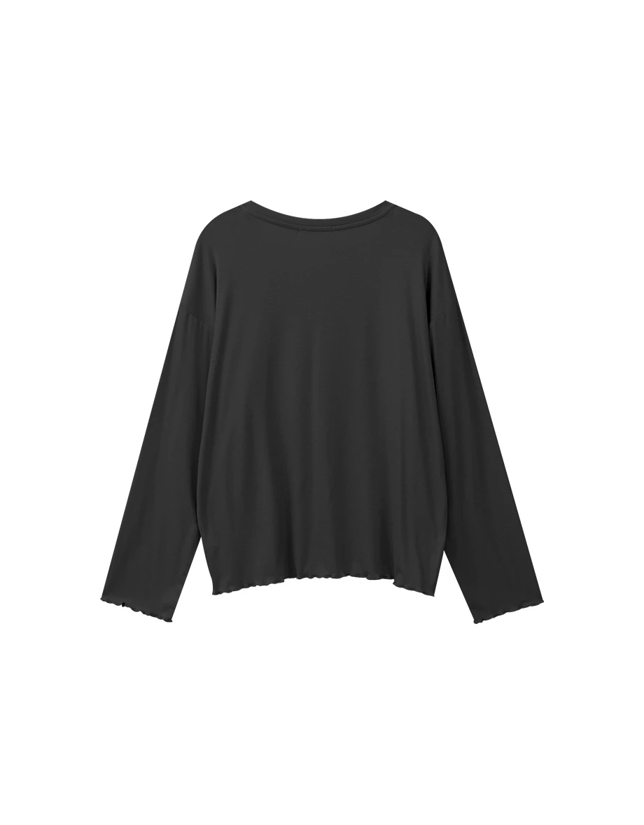 Crew Neck Lettuce Hem Soft Knit Long Sleeve Top