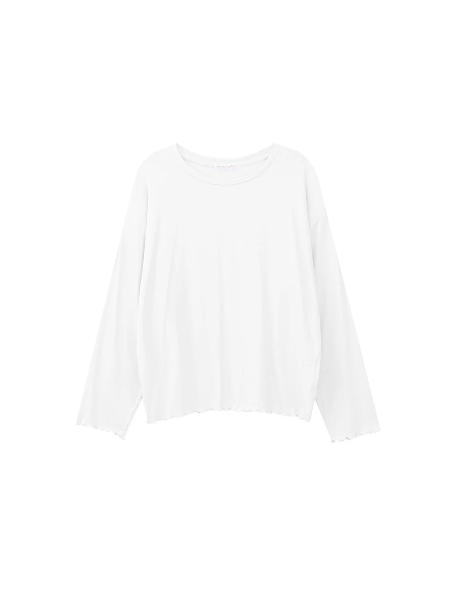 Crew Neck Lettuce Hem Soft Knit Long Sleeve Top