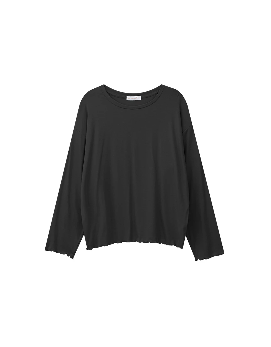 Crew Neck Lettuce Hem Soft Knit Long Sleeve Top