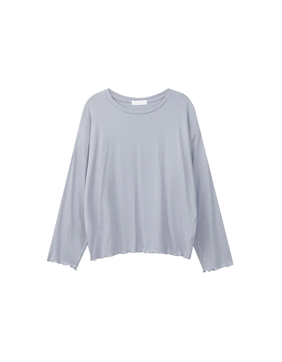 Crew Neck Lettuce Hem Soft Knit Long Sleeve Top