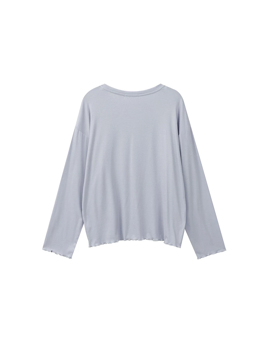 Crew Neck Lettuce Hem Soft Knit Long Sleeve Top