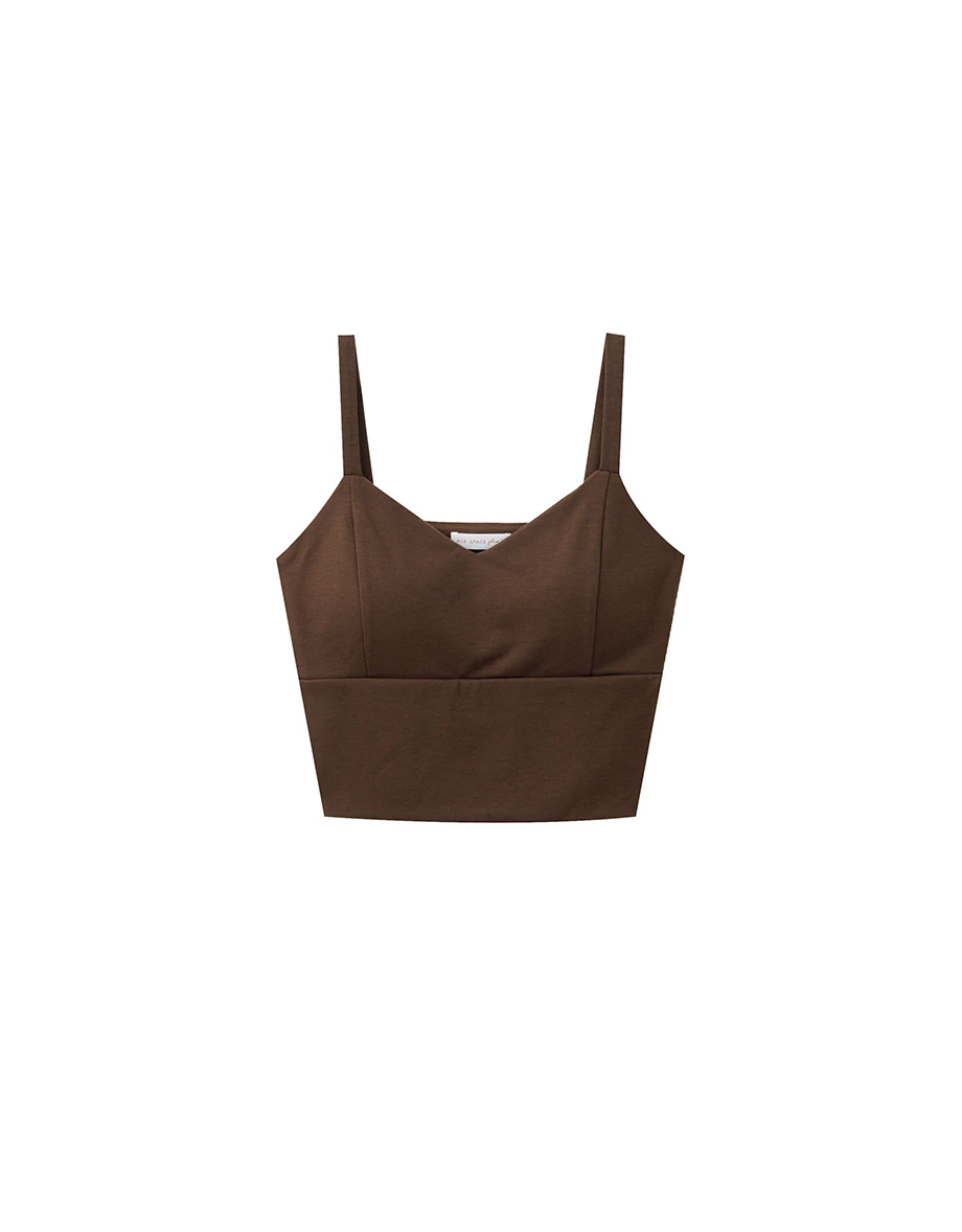 【Heat Tech】Soft Stretch V Neck Wide Strap Padded Cropped Cami Bra Top