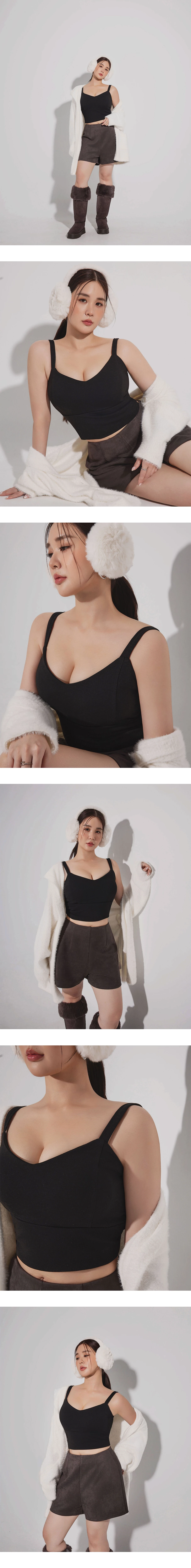 【Heat Tech】Soft Stretch V Neck Wide Strap Padded Cropped Cami Bra Top 【Heat Tech】Soft Stretch V Neck Wide Strap Padded Cropped Cami Bra Top