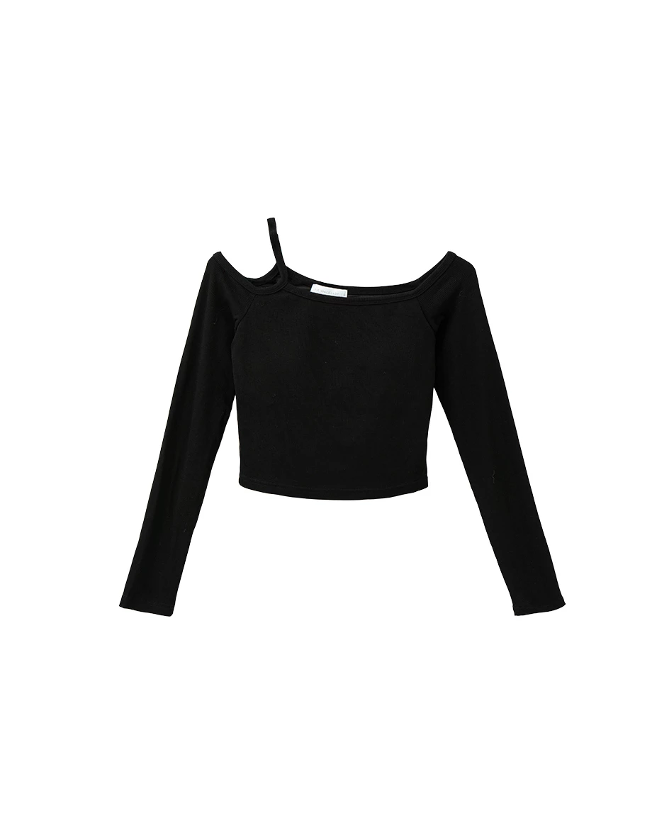 Asymmetric Cut Out Shoulder Ribbed Long Sleeve Padded Bra Top Asymmetric Cut Out Shoulder Ribbed Long Sleeve Padded Bra Top