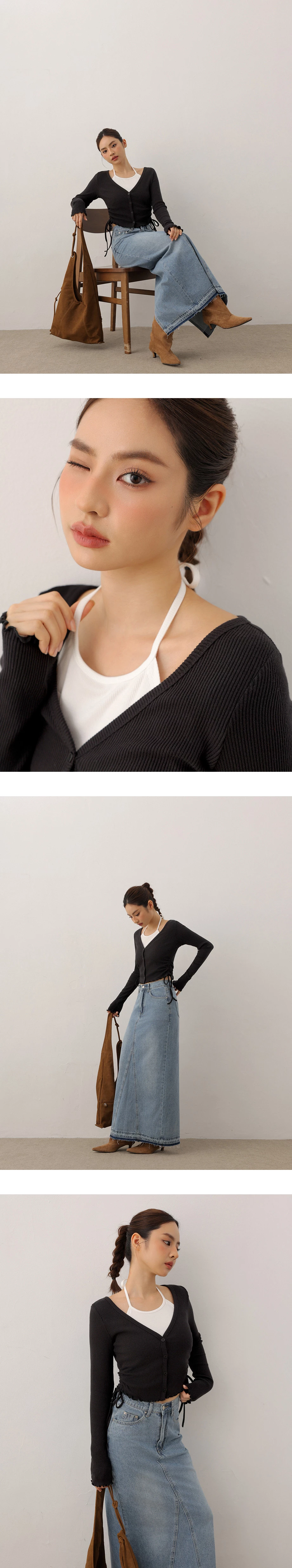 Fauce 2 Piece Lettuce Hem Ruched Side Drawstring Cardigan Fauce 2 Piece Lettuce Hem Ruched Side Drawstring Cardigan