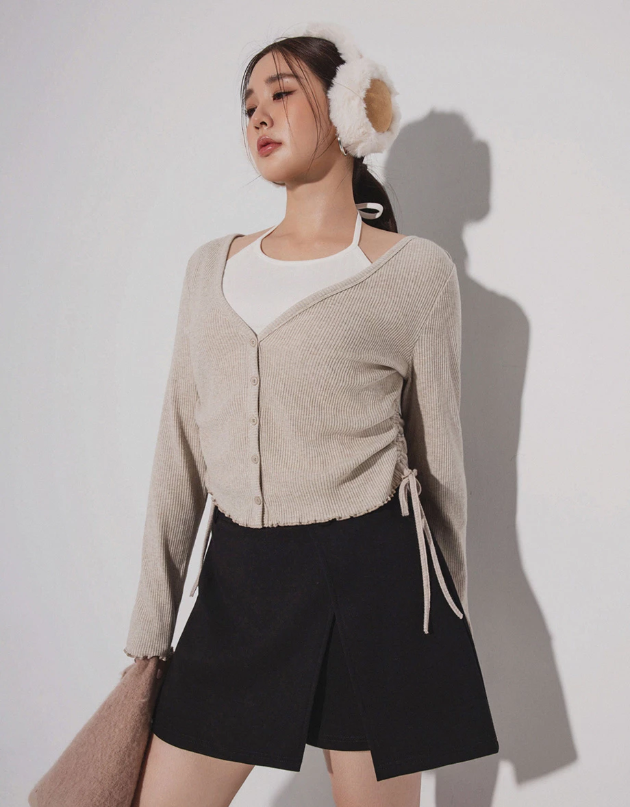 Fauce 2 Piece Lettuce Hem Ruched Side Drawstring Cardigan Fauce 2 Piece Lettuce Hem Ruched Side Drawstring Cardigan