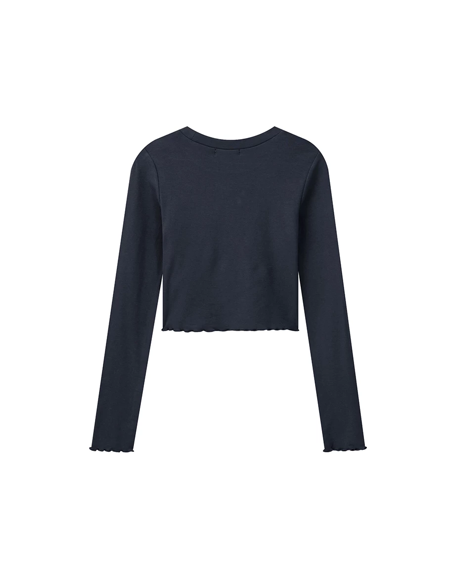 【DINOTAENG】Printed Long Sleeve Crop Top Tee With Inner Fleece And Ruffled Hem 【DINOTAENG】Printed Long Sleeve Crop Top Tee With Inner Fleece And Ruffled Hem