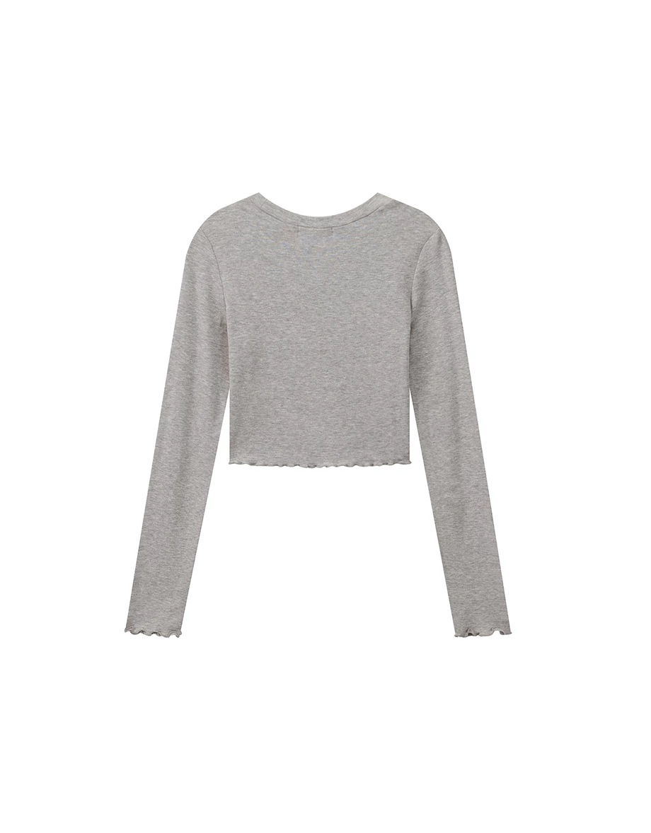 【DINOTAENG】Printed Long Sleeve Crop Top Tee With Inner Fleece And Ruffled Hem 【DINOTAENG】Printed Long Sleeve Crop Top Tee With Inner Fleece And Ruffled Hem