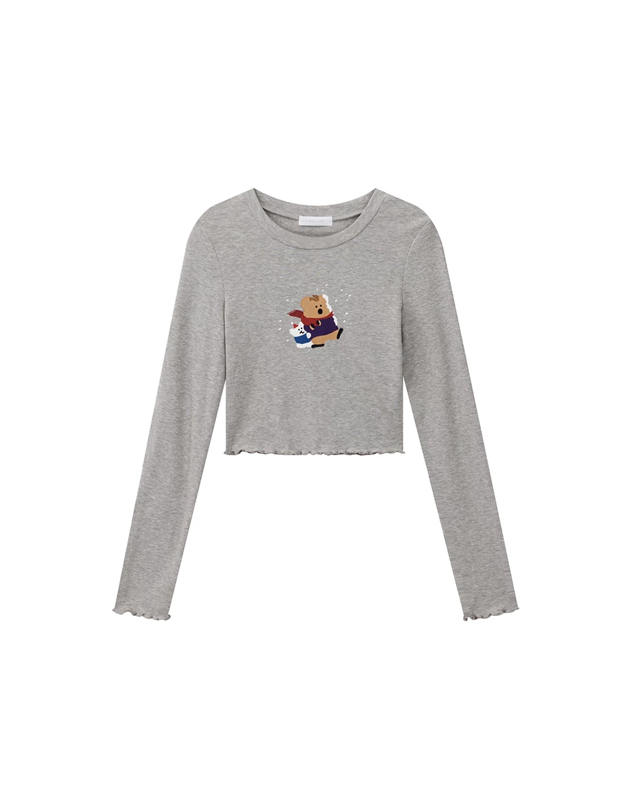 【DINOTAENG】Printed Long Sleeve Crop Top Tee With Inner Fleece And Ruffled Hem 【DINOTAENG】Printed Long Sleeve Crop Top Tee With Inner Fleece And Ruffled Hem