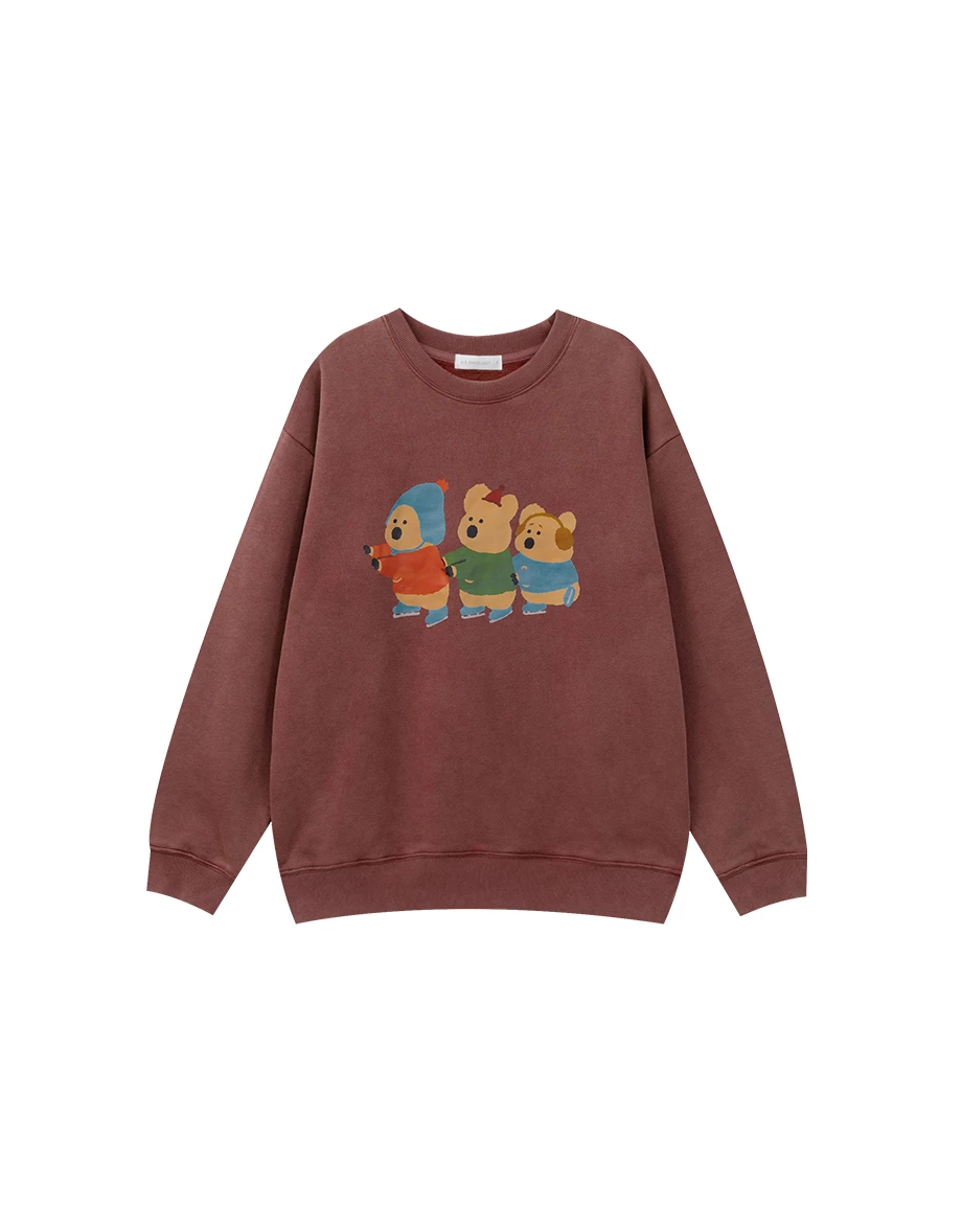 【DINOTAENG】Washed Color Print Sweatshirt With Inner Fleece