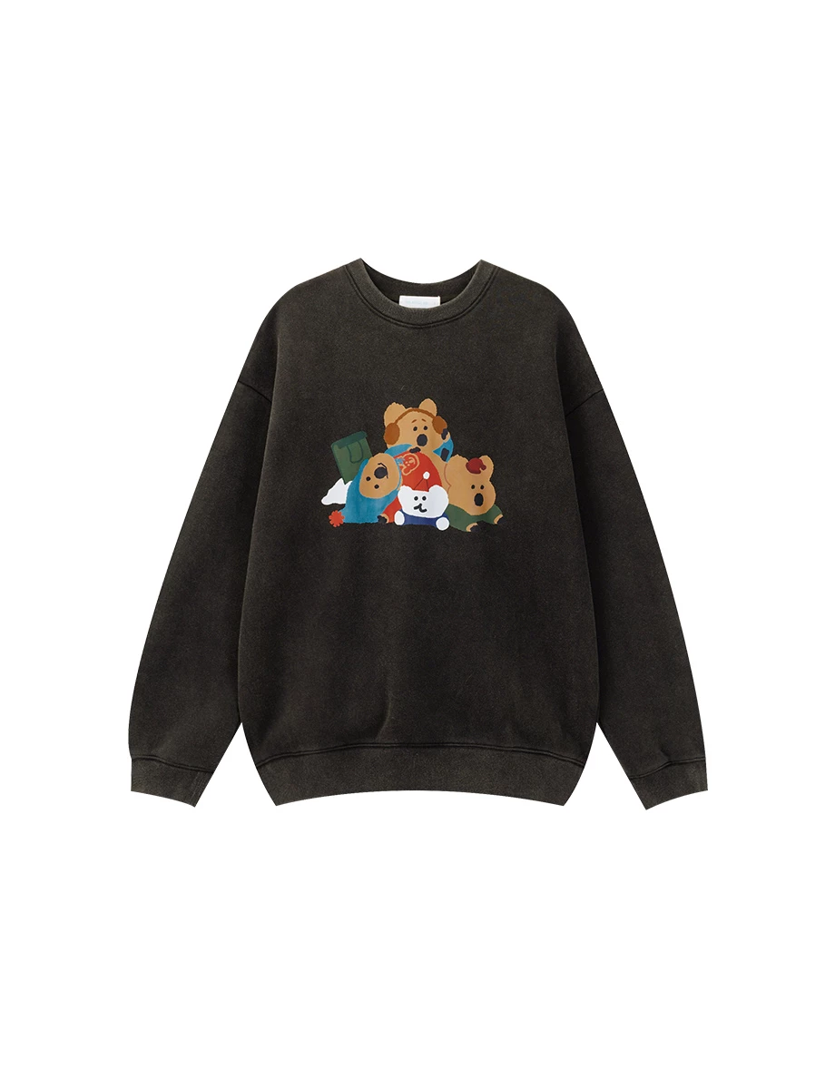 【DINOTAENG】Washed Color Print Sweatshirt With Inner Fleece