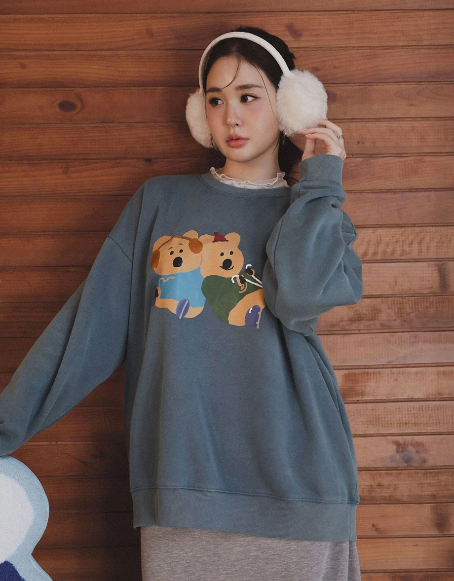 【DINOTAENG】Washed Color Print Sweatshirt With Inner Fleece