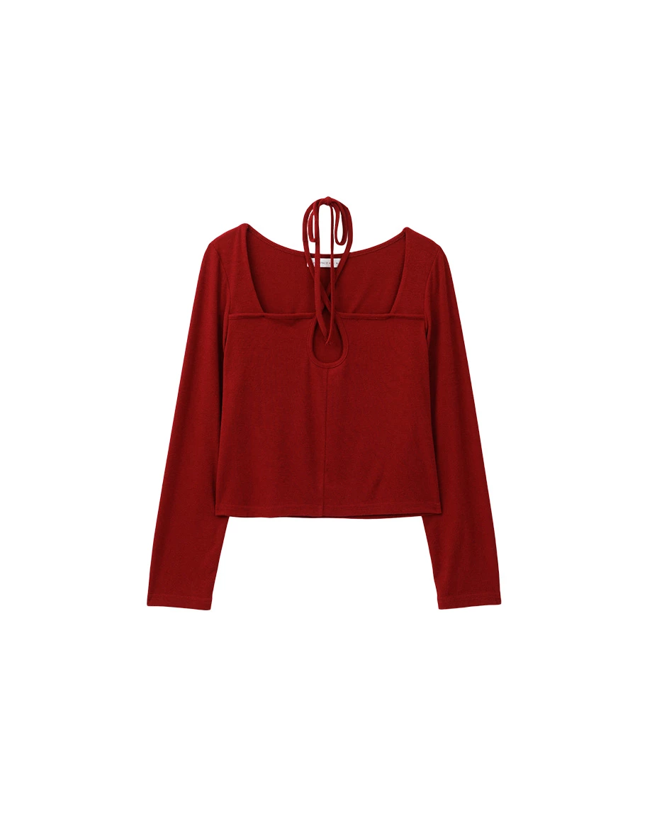 Cut Out Front Long Sleeve Top with Crisscross Neck Tie Detail