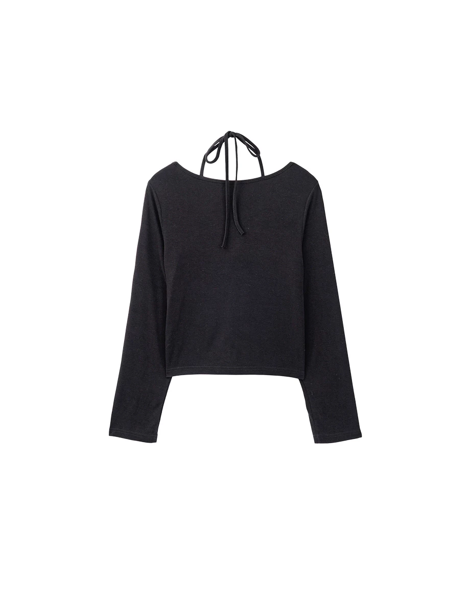 Cut Out Front Long Sleeve Top with Crisscross Neck Tie Detail Cut Out Front Long Sleeve Top with Crisscross Neck Tie Detail