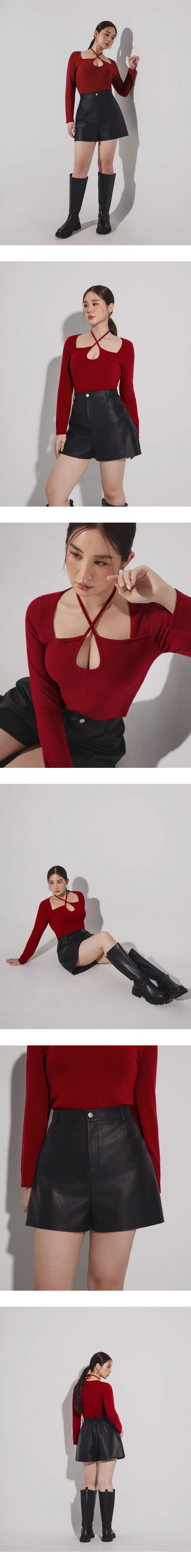 Cut Out Front Long Sleeve Top with Crisscross Neck Tie Detail Cut Out Front Long Sleeve Top with Crisscross Neck Tie Detail