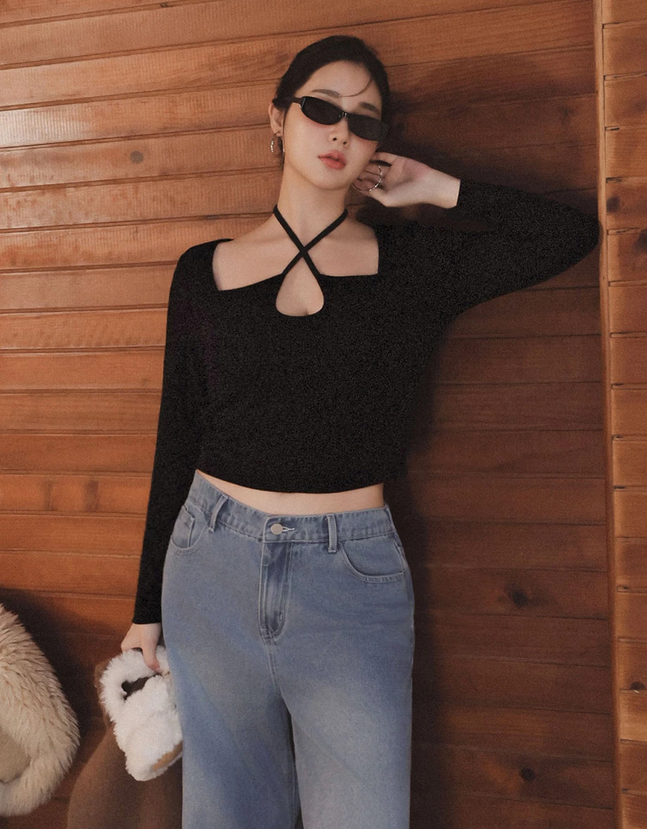 Cut Out Front Long Sleeve Top with Crisscross Neck Tie Detail Cut Out Front Long Sleeve Top with Crisscross Neck Tie Detail